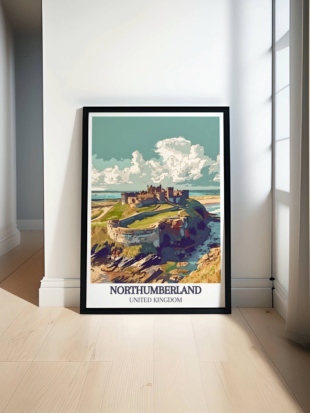 Bamburgh Castle Retro Travel Poster showcasing the historical landmark in Northumberland with a stunning seaside backdrop perfect for enhancing any living room decor or as a unique gift for history enthusiasts and art lovers