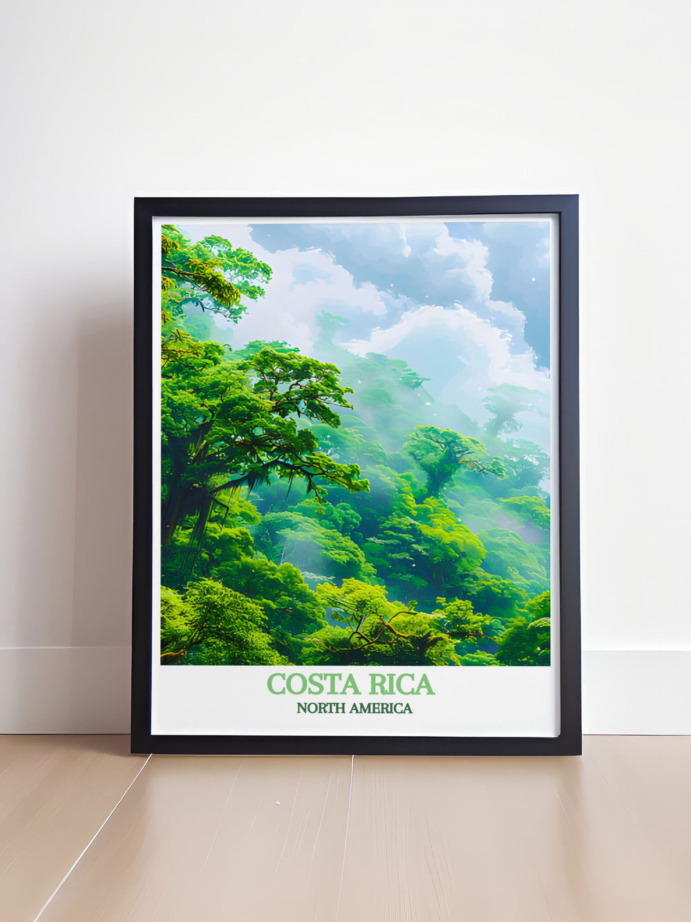 Captivating Costa Rica poster featuring the misty Monteverde Cloud Forest Reserve and the serene beaches of Saint Teresa, showcasing the natural beauty of Costa Rica. Perfect for adding a touch of tropical charm to your home decor.