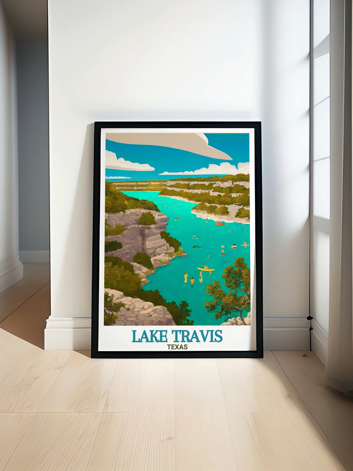 This Lake Travis wall print offers a peaceful representation of Texas beloved lake. Featuring the serene cliffs of Pace Bend Park, its perfect for creating a tranquil atmosphere in your home. A great gift for art lovers and outdoor enthusiasts.