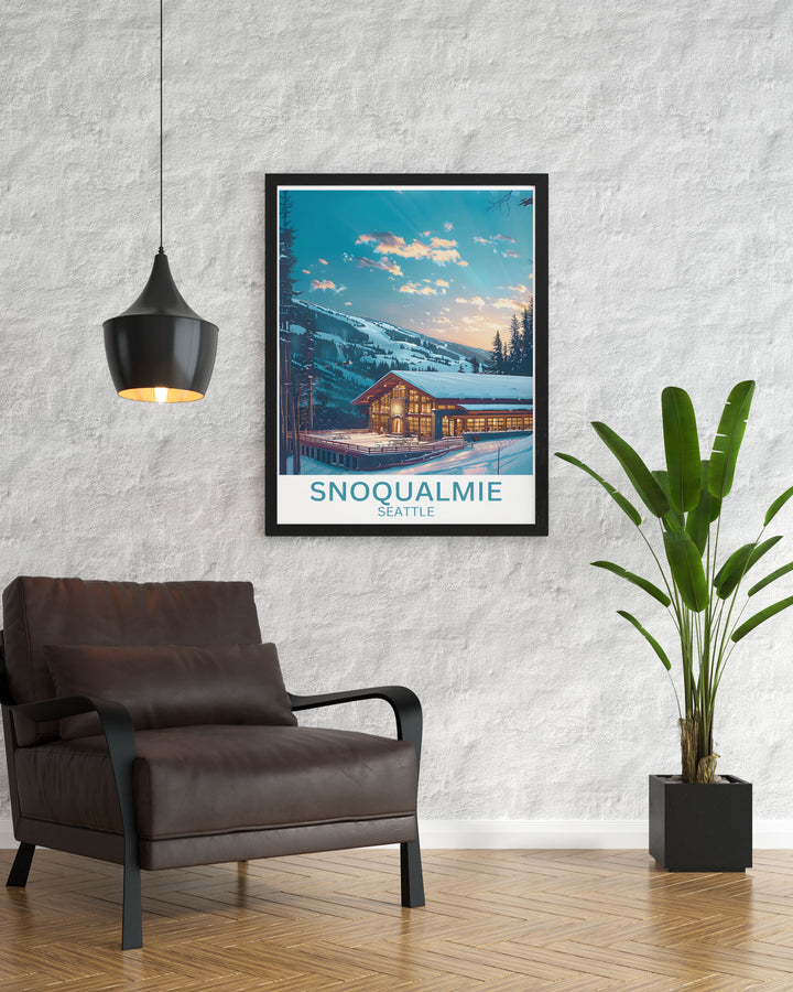 Delight in the thrill of The Summit at Snoqualmie with this art print, capturing the vibrant resort atmosphere and historical significance.