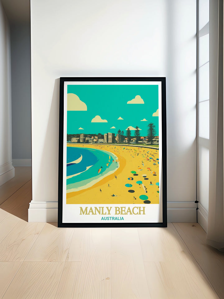 Experience the charm of Australias Manly Beach with this Manly Beach Art Print, designed with intricate details and a clean black and white aesthetic. Its perfect for beach lovers looking to bring the ocean into their home decor.