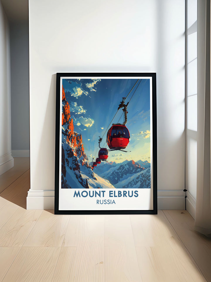 Mount Elbrus Poster showcasing the beauty of Russias highest peak perfect for adding a touch of adventure to any room ideal for mountain wall art enthusiasts and those who appreciate natures grandeur includes cable cars and chair lifts for added charm