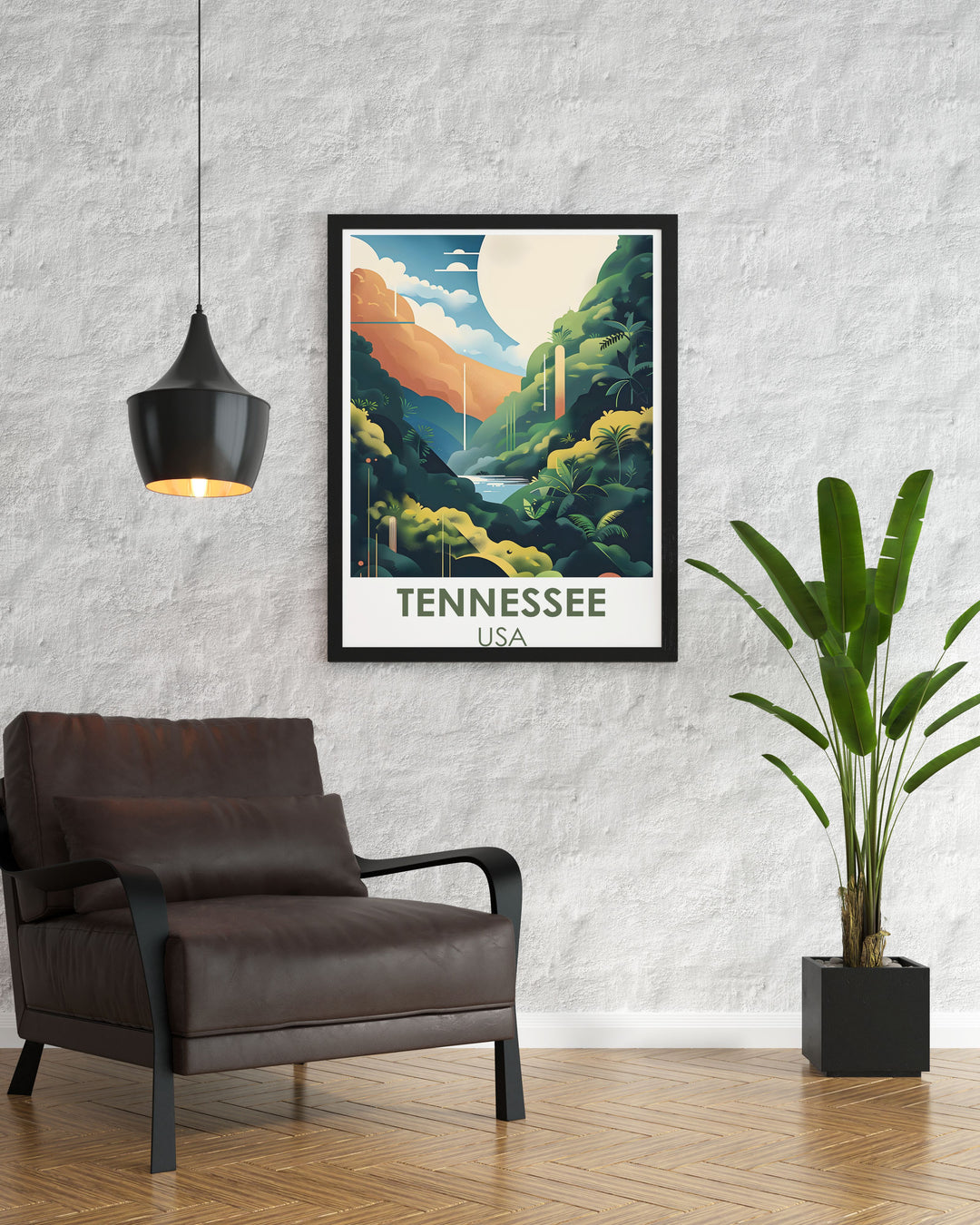 Nashville Tennessee Country Music Poster showcasing the historic Ryman Auditorium and the serene beauty of Great Smoky Mountains National Park. This artwork is a must have for fans of country music and natural landscapes.