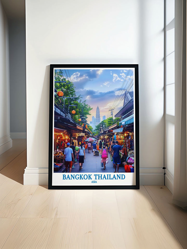 Chatuchak Weekend Market travel poster featuring a lively scene of bustling stalls and colorful goods, perfect for adding a vibrant touch to any room and inspiring travel to Bangkok.
