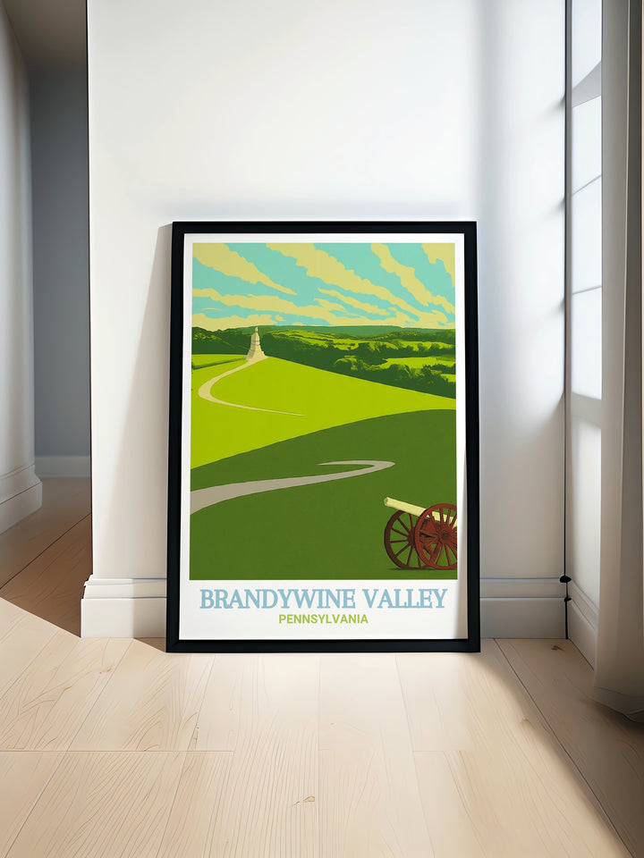 The tranquil landscapes of Brandywine Valley and the historic grounds of Brandywine Battlefield Park are beautifully illustrated in this travel poster, offering a perfect combination of Pennsylvanias cultural heritage and natural beauty for your wall decor.