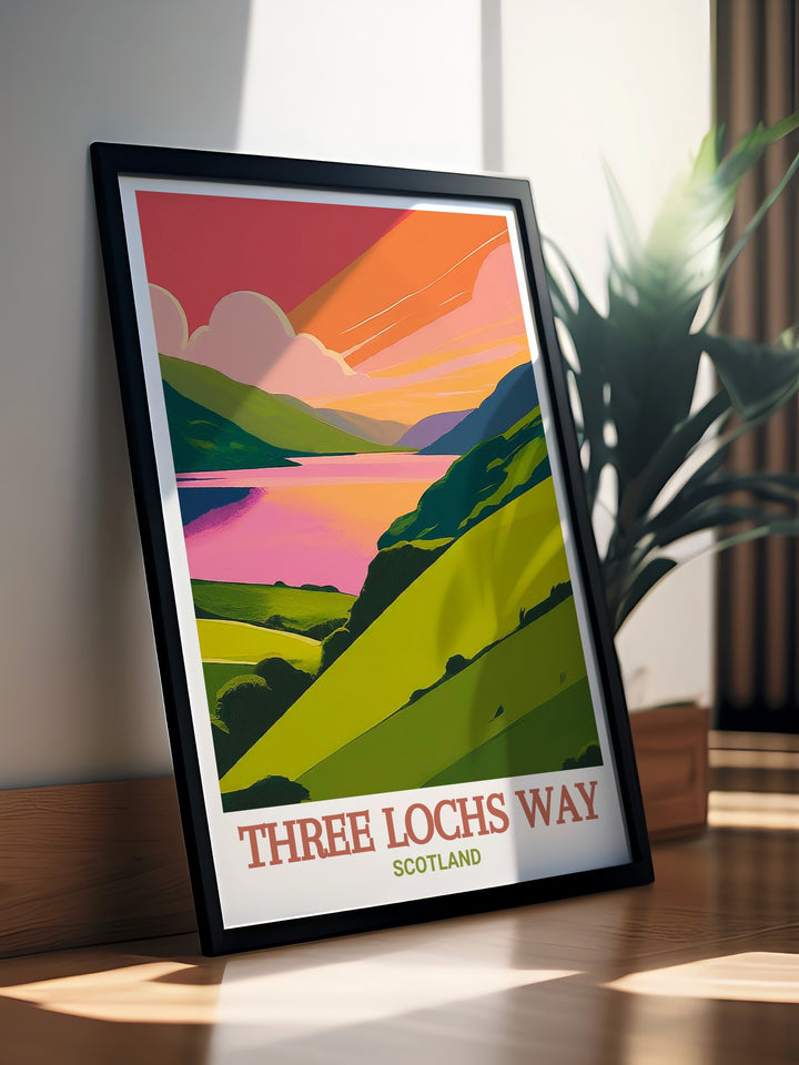 Featuring the stunning landscapes of Gare Loch and Inveruglas, this Three Lochs Way wall art is a must have for anyone who loves Scotlands hiking adventures. The poster brings the beauty of Loch Lomond into your home, offering a touch of nature for your walls.