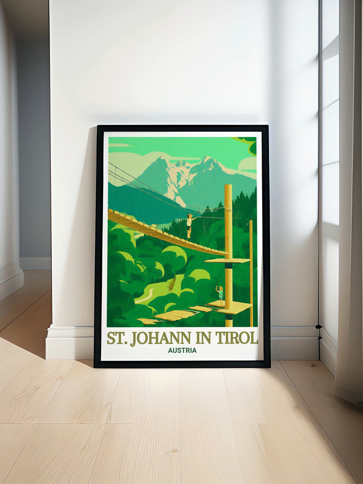 The Austria wall art showcases the serene beauty of St. Johann in Tirol and the excitement of the Hornpark Climbing Forest, offering a perfect blend of history and adventure. This piece is a stunning travel print for Austria enthusiasts.