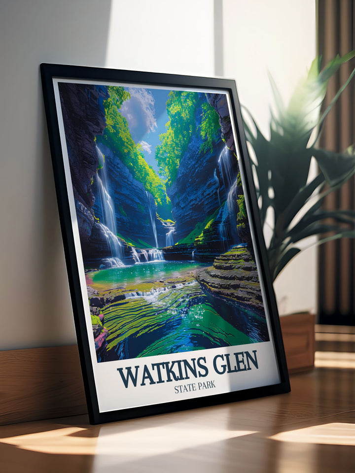 This canvas art of Watkins Glen State Park captures the enchanting beauty of the parks lush greenery and cascading waterfalls. An ideal addition for those looking to create a focal point in their home that celebrates New Yorks natural wonders, it brings a sense of peace and geological charm to your living environment.