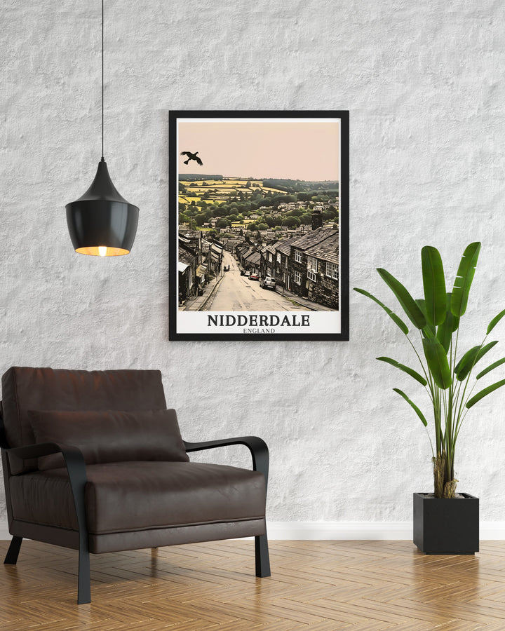 Vintage travel print of Brimham Rocks in the Yorkshire Dales, a National Trust site within Nidderdale AONB. The striking rock formations and picturesque countryside make this print an ideal gift for lovers of British landscapes and natural beauty.