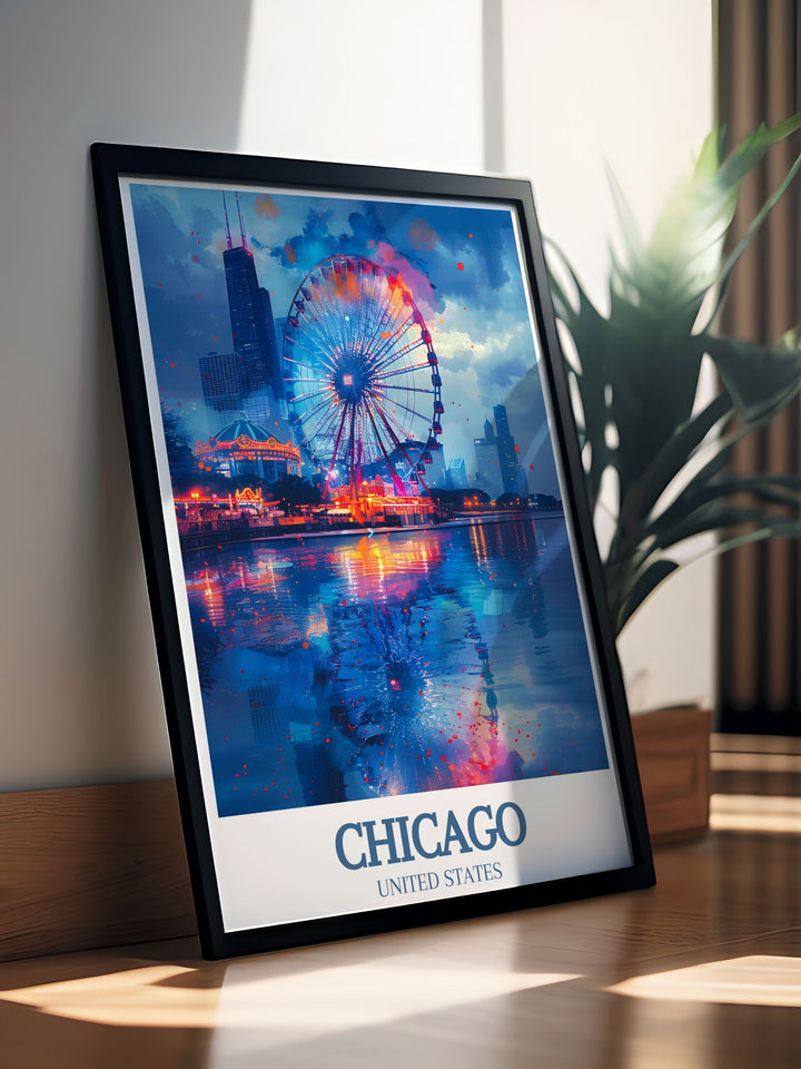 This Navy Pier travel poster beautifully captures the lively mix of fun and entertainment. Perfect for adding a playful and modern touch to your decor, this art print reflects the unique skyline and vibrant attractions of Chicago.