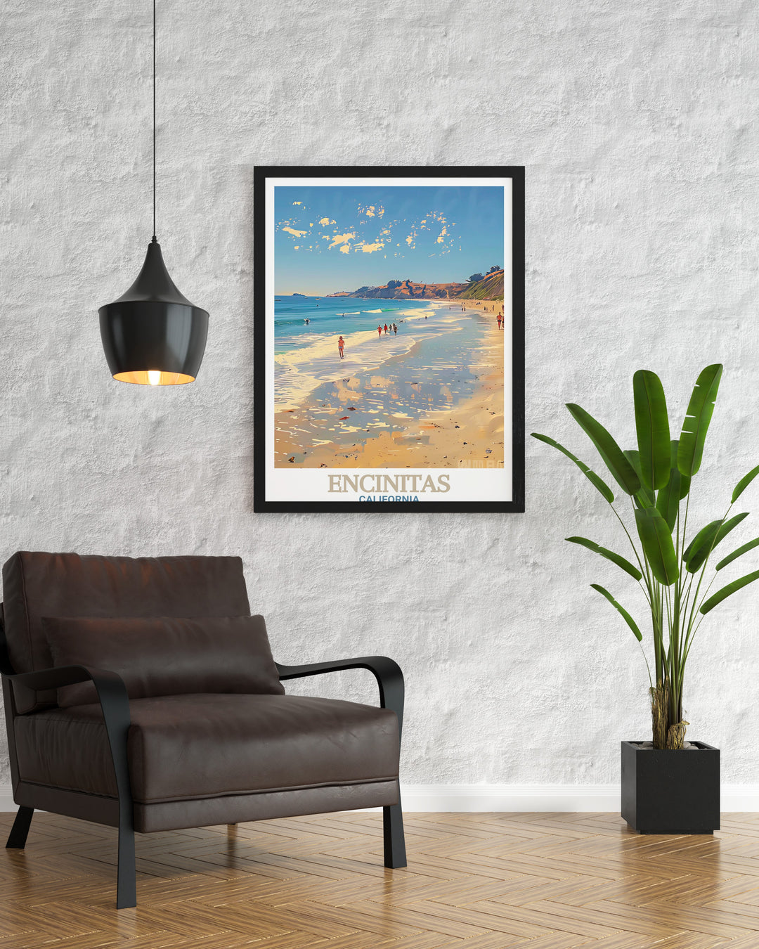 Encinitas art print highlights the charm of Southern California, with Moonlight State Beach depicted in stunning detail. This California travel poster celebrates the natural beauty of Encinitas, making it an ideal addition to any space or as a thoughtful gift for surf and beach enthusiasts.