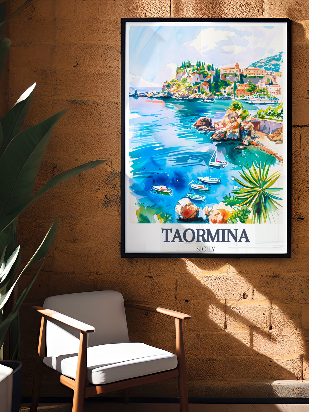 Sophisticated Italy poster featuring Taormina Beach and Isola Bella. This art print offers a detailed depiction of Taorminas stunning beaches and the enchanting Isola Bella.