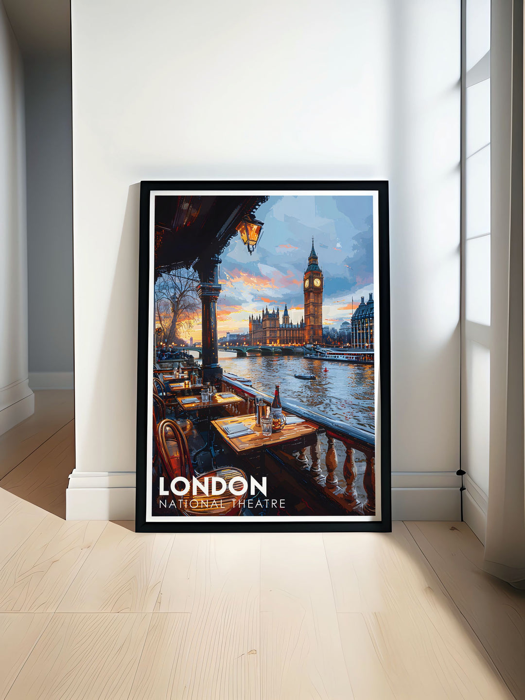 Art Deco Print of The Old Vic Theatre featuring The River Terrace this stunning artwork showcases the elegance of London West End perfect for modern home decor and ideal for those who appreciate historical landmarks and vintage charm