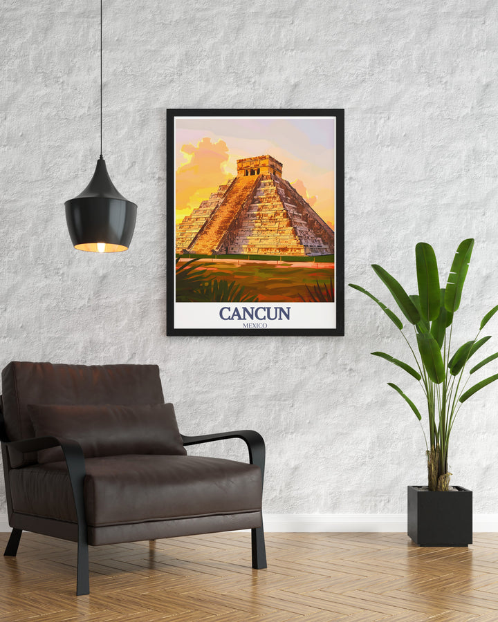 Cancun art print with a detailed street map in black and white perfect for modern decor and featuring Chichen Itza Pyramid of Kukulkan capturing the beauty and history of Cancun and Chichen Itza in a single fine line print