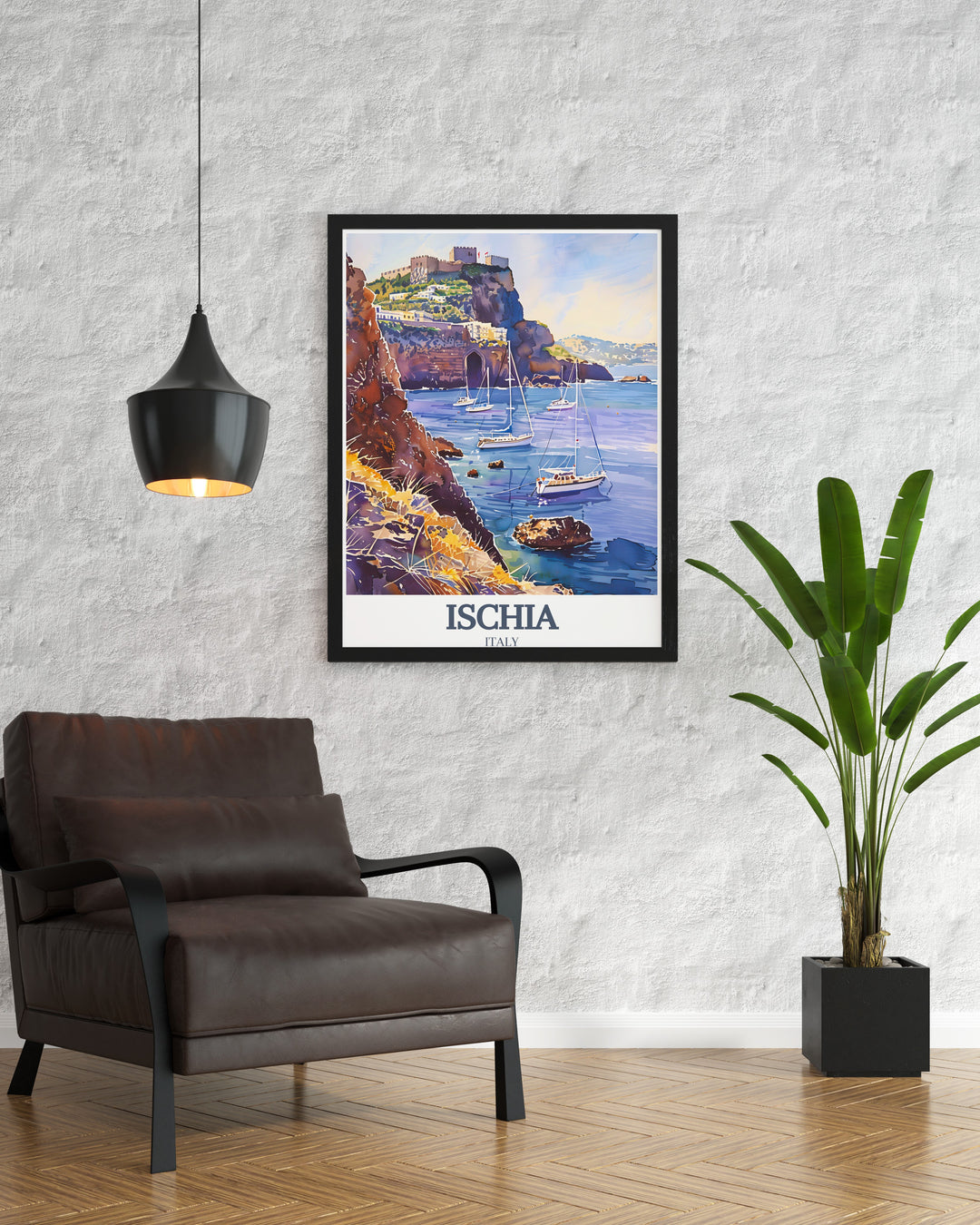 Featuring the Aragonese Castle and Maronti Beach, this Ischia travel print is a stunning representation of the islands charm. With its soft hues and detailed design, this piece is perfect for adding a touch of Mediterranean magic to your home decor.