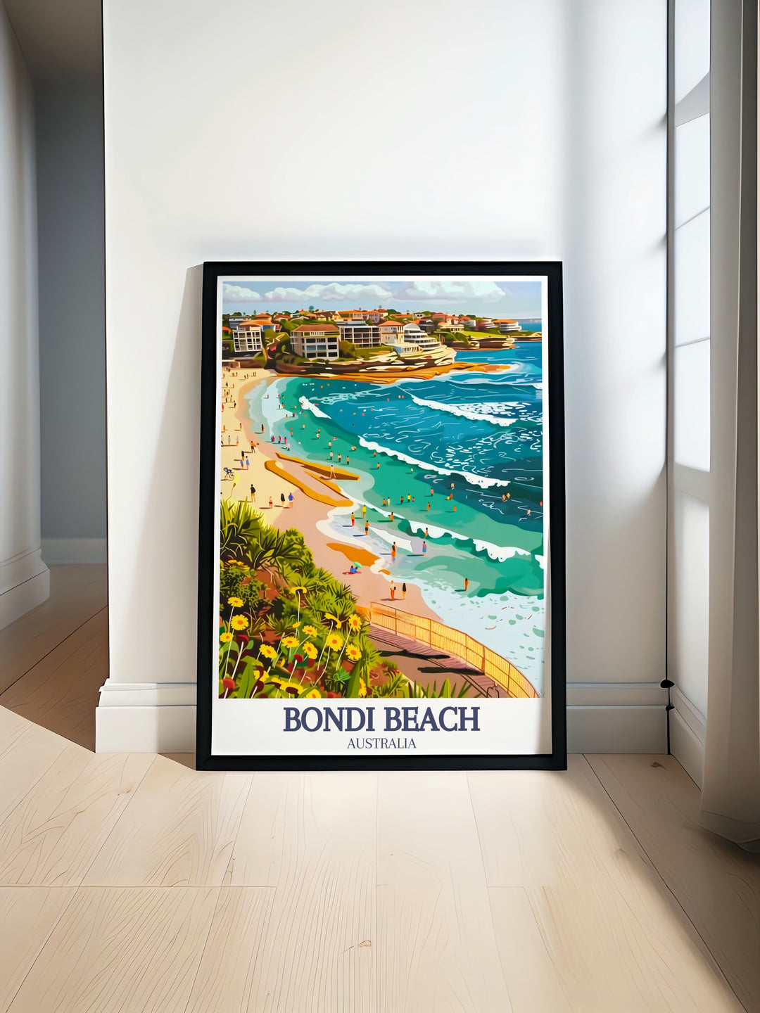Vintage poster of Sydney Harbour featuring the iconic Sydney Opera House and Harbour Bridge. Bondi to Coogee Coastal Walk Bondi prints showcase the vibrant atmosphere and stunning scenery, perfect for adding Australia art to your home decor.