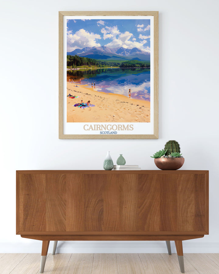 Scotland, Loch Morlich wall art featuring stunning vistas of the Cairngorms. Ideal for nature lovers and travel enthusiasts. This artwork brings the tranquility of the Scottish Highlands into your living room or office, creating a peaceful and inspiring environment.