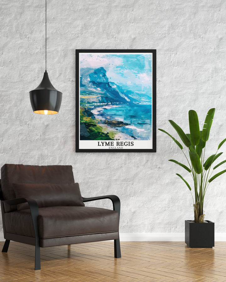 Featuring Charmouth Beach and the iconic Charmouth Ledge, this travel print brings the beauty of the Jurassic Coast into your home. The detailed illustration captures the cliffs and beach, offering a timeless piece for lovers of the English seaside and nature enthusiasts.