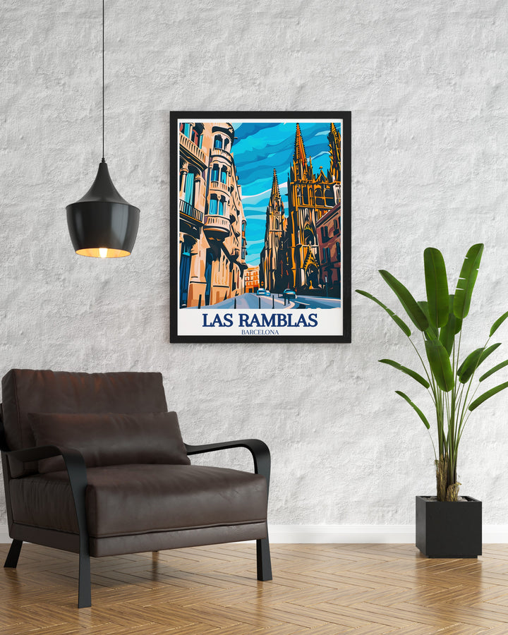 Vintage style art print of Las Ramblas in Barcelona, Spain, offering a lively scene of street performers, markets, and local culture. This poster makes for a vibrant and artistic addition to any wall and is a must have for those who love the spirit and vibrancy of Barcelona.