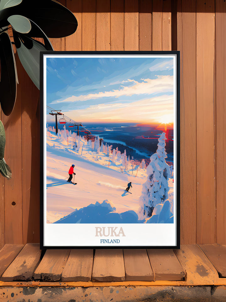 Celebrate the sport of skiing with Ruka Ski Slopes Elegant Home Decor featuring vibrant prints of Ruka Finland and Levi Lapland Finland designed to enhance your living room