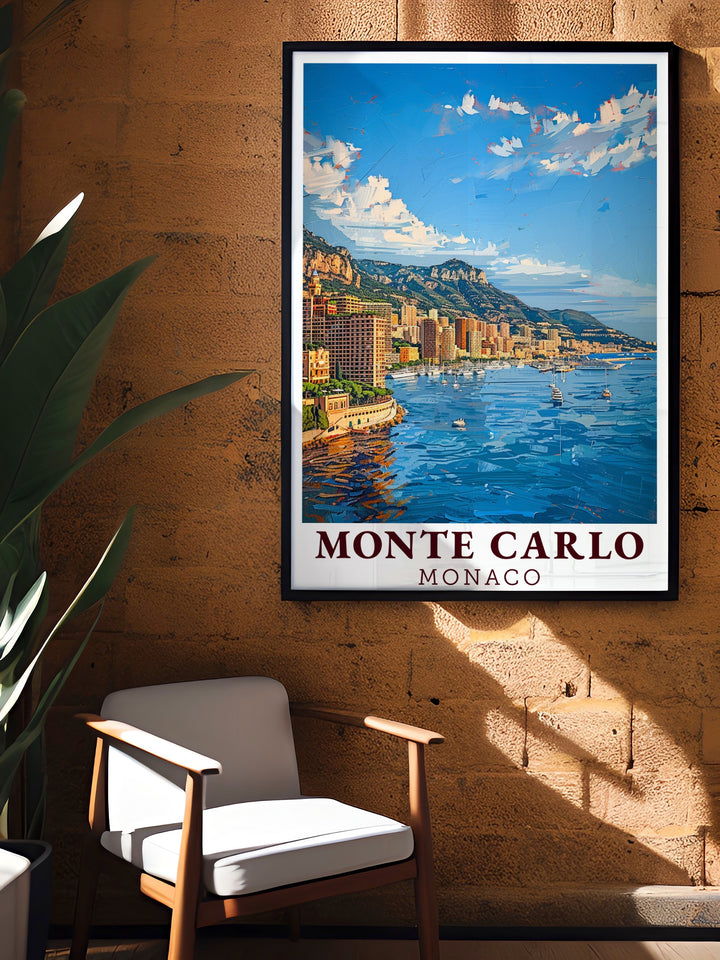 Monaco Vintage Poster offers a classic view of Monte Carlos cityscape, combining timeless style with modern design. Perfect for art collectors and travel enthusiasts, this print adds a touch of Monacos charm to any room.