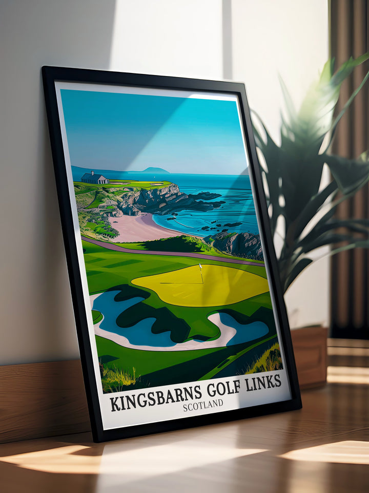 Distinctive Golfers Hall and North Sea modern art capturing the essence of Scotlands majestic coastline and the serene North Sea with a focus on intricate details and vibrant colors suitable for sophisticated decor