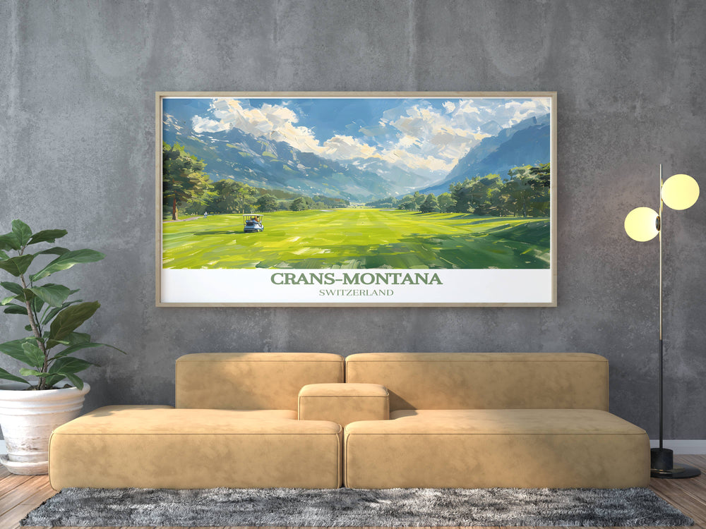 Vintage Skiing Print featuring the beautiful Golf Club Crans sur Sierre capturing the charm and luxury of this renowned Swiss golf course