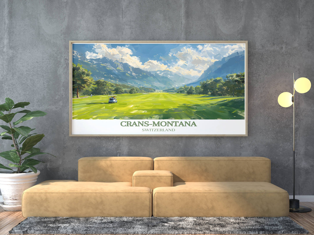 Vintage Skiing Print featuring the beautiful Golf Club Crans sur Sierre capturing the charm and luxury of this renowned Swiss golf course