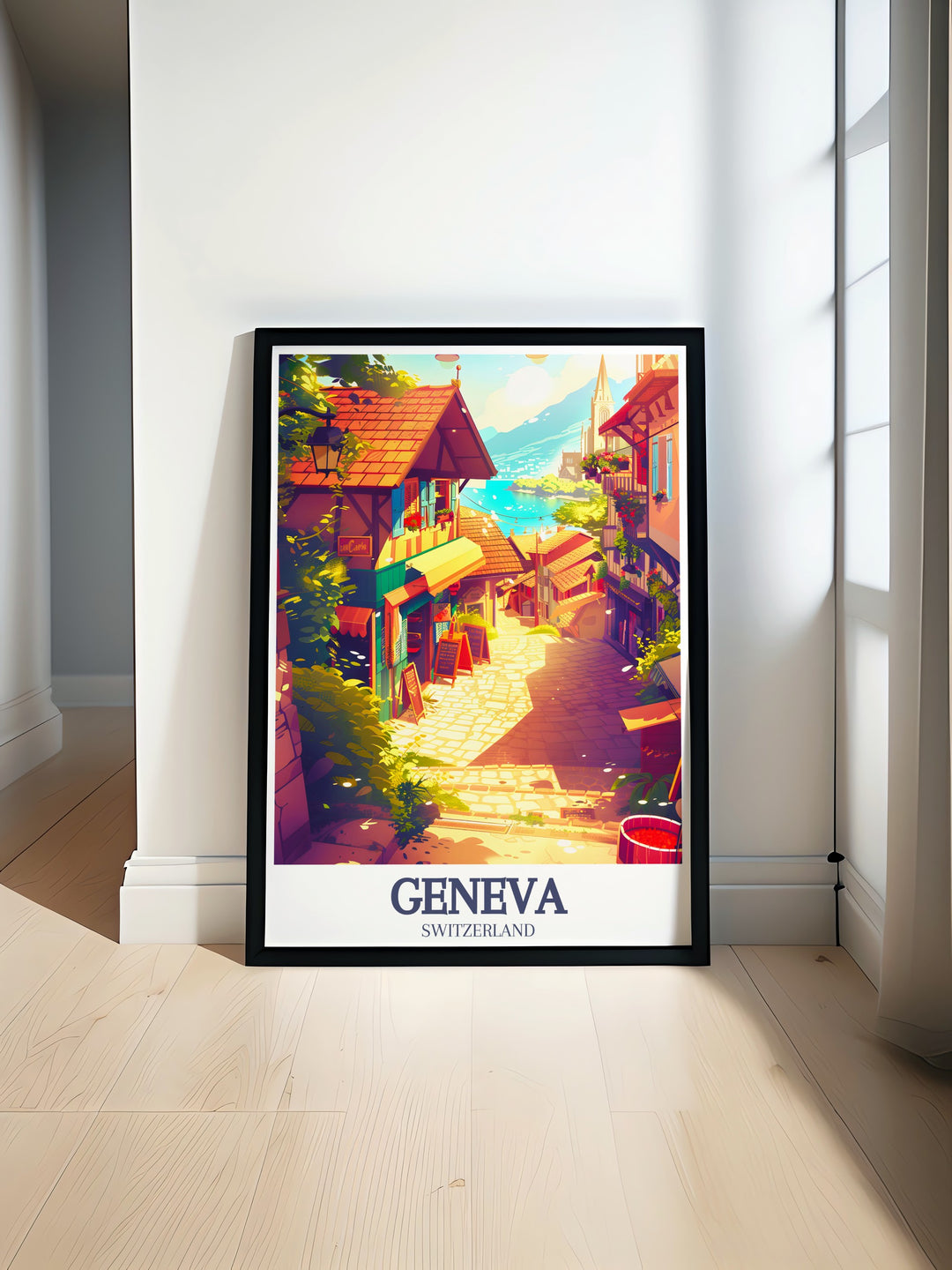 Featuring the historic streets of Carouge District in Geneva, this travel print brings together the elegance of Place Marché and the modern design of Swiss art. Perfect for decorating any living space, this poster offers a timeless view of Genevas vibrant culture.