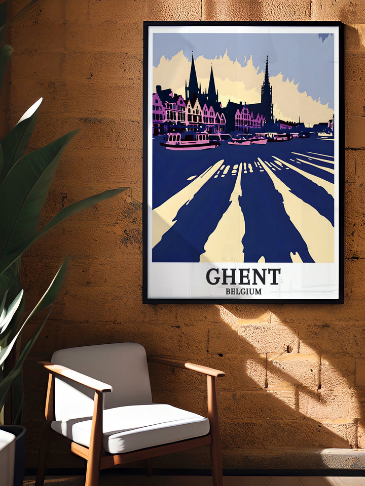 Modern prints of Graslei harbor Cloth Hall Lakenhalle bring the charm of Ghent to your home with sophisticated Belgium artwork