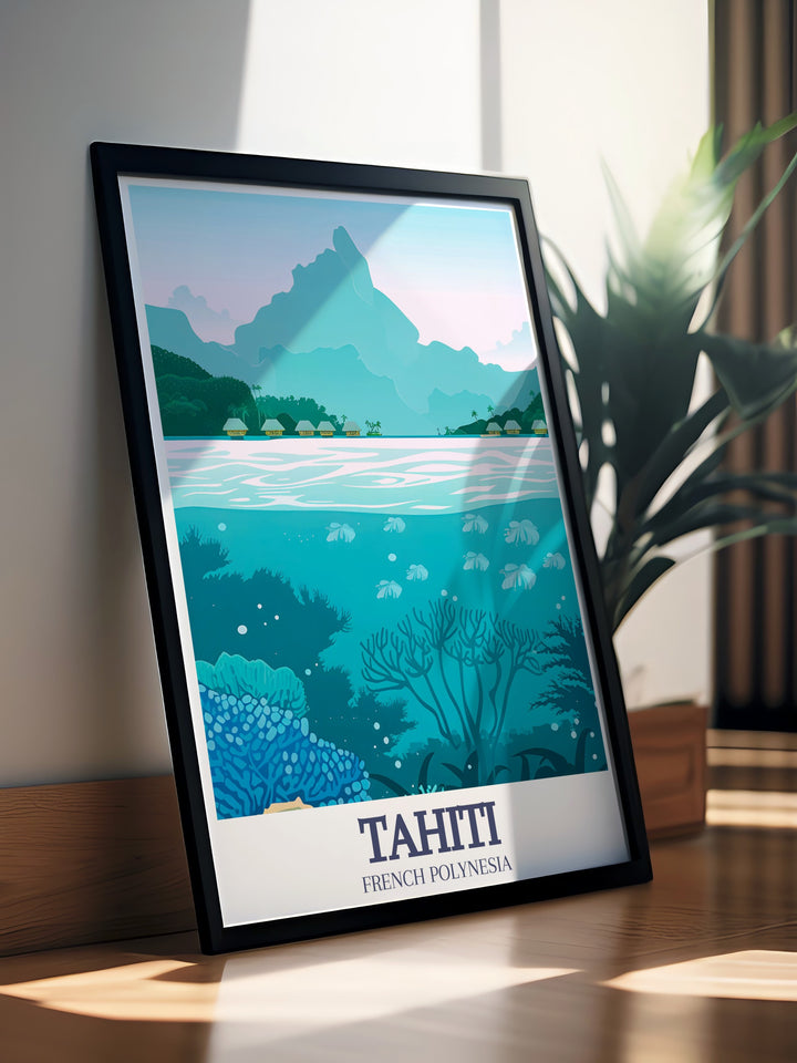 Tahiti travel art print with a beautiful view of Bora Bora and Moorea makes the perfect addition to any room with its vibrant colors and intricate detail Perfect for gifting on birthdays anniversaries or as Christmas gifts