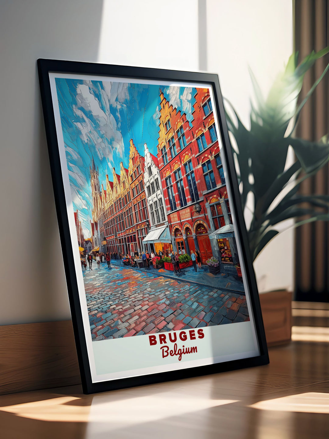 Elegant Grote Markt poster featuring the stunning landmark in Bruges, Belgium. This detailed artwork captures the beauty and history of the Grote Markt, making it a unique and sophisticated addition to any living space.