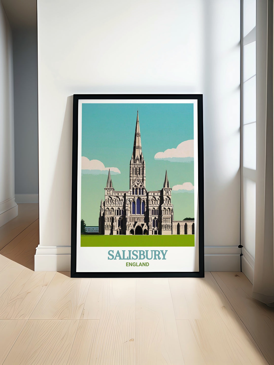 Vintage inspired poster of Salisbury, England, featuring the iconic Salisbury Cathedral. This print adds a touch of classic English charm to your decor, ideal for those who appreciate history and fine art.