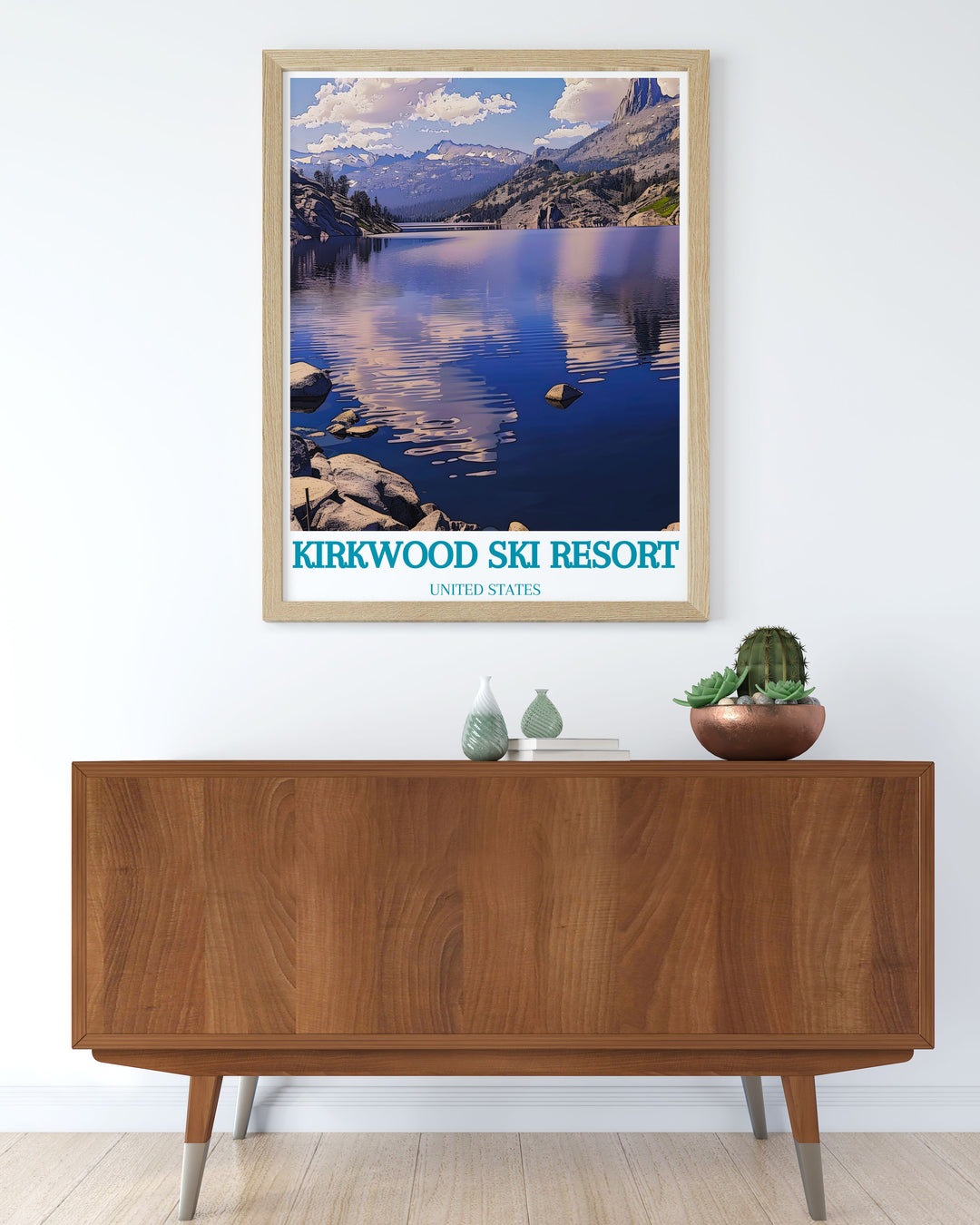 Exquisite framed artwork featuring Caples Lake with its calm waters and breathtaking mountain backdrop. The artwork perfectly captures the serene environment and natural beauty of the lake, adding a sophisticated element to your interior