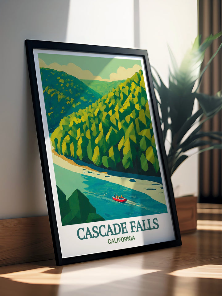 Add a touch of California decor to your home with the Cascade Falls poster print featuring vibrant colors and stunning details New River framed prints offer a bold and modern aesthetic making them a perfect addition to any living room or office.