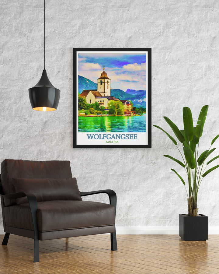 Wolfgangsee wall art showcasing the tranquil waters and the majestic St. Wolfgang Church. This artwork brings the calm and beauty of Wolfgangsee into your home, providing a serene and elegant addition to any room. Perfect for nature enthusiasts and art collectors alike.