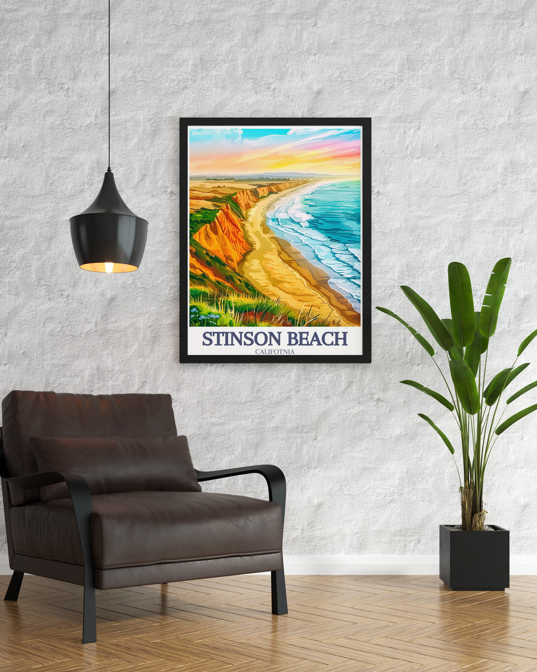 Our poster print of Marin Countys famous Stinson Beach and the Pacific Ocean offers a tranquil view of Californias coast. The artworks vibrant colors and fine details make it a wonderful addition to any space, ideal for those looking for beach wall art and coastal decor.