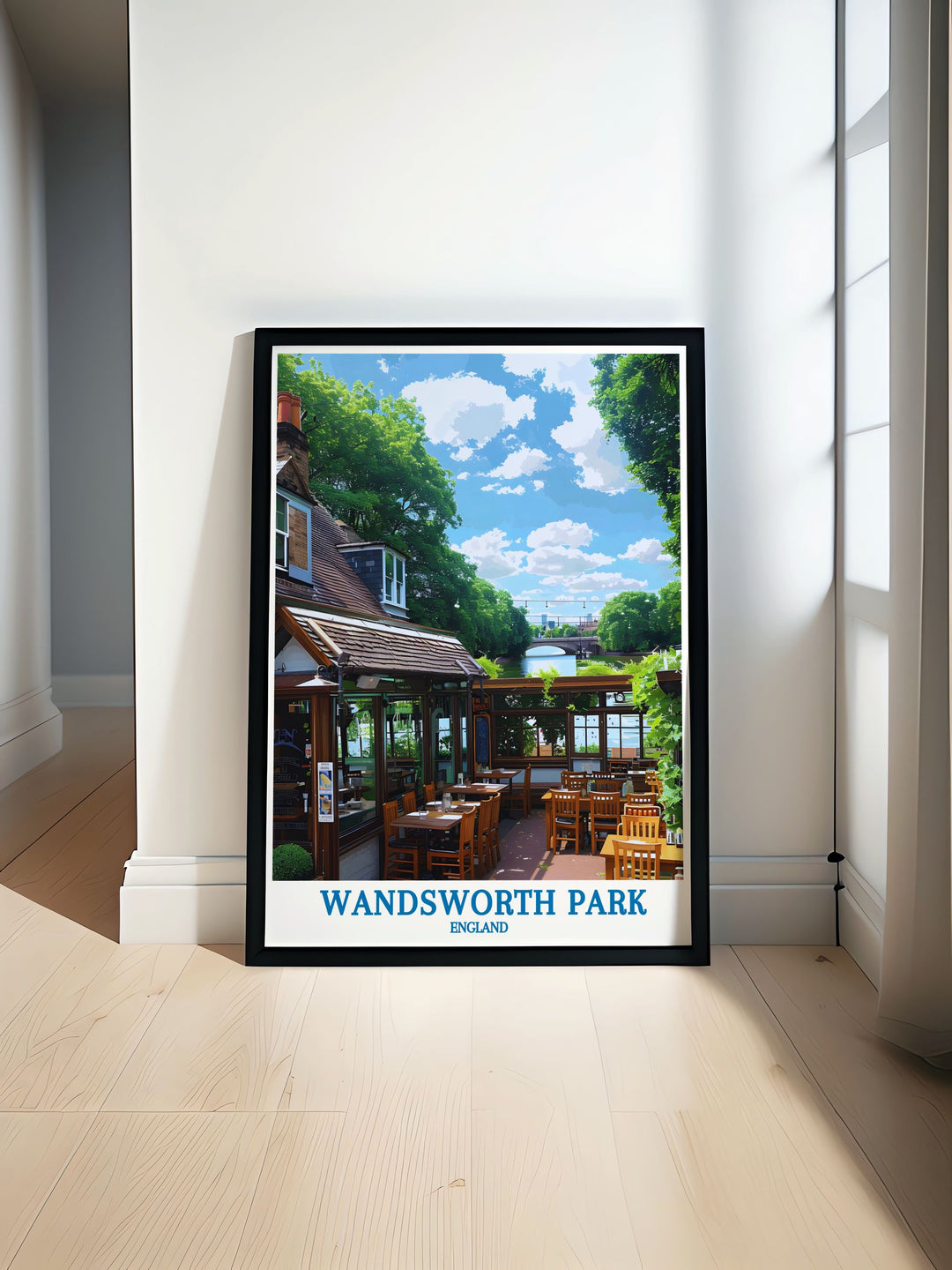 This custom print of Wandsworth Park showcases the parks tranquil beauty and historical significance. A personalized piece that adds a unique touch of Londons heritage and natural charm to any decor, its perfect for those who love the citys green spaces and want to bring a piece of Wandsworths tranquility into their home.