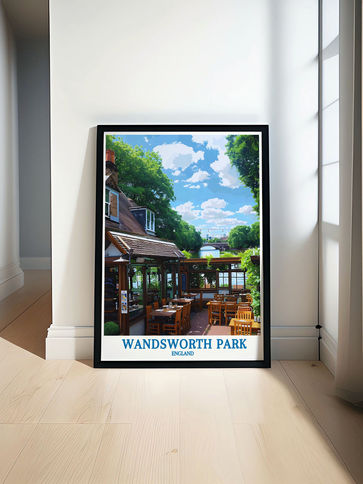 This custom print of Wandsworth Park showcases the parks tranquil beauty and historical significance. A personalized piece that adds a unique touch of Londons heritage and natural charm to any decor, its perfect for those who love the citys green spaces and want to bring a piece of Wandsworths tranquility into their home.