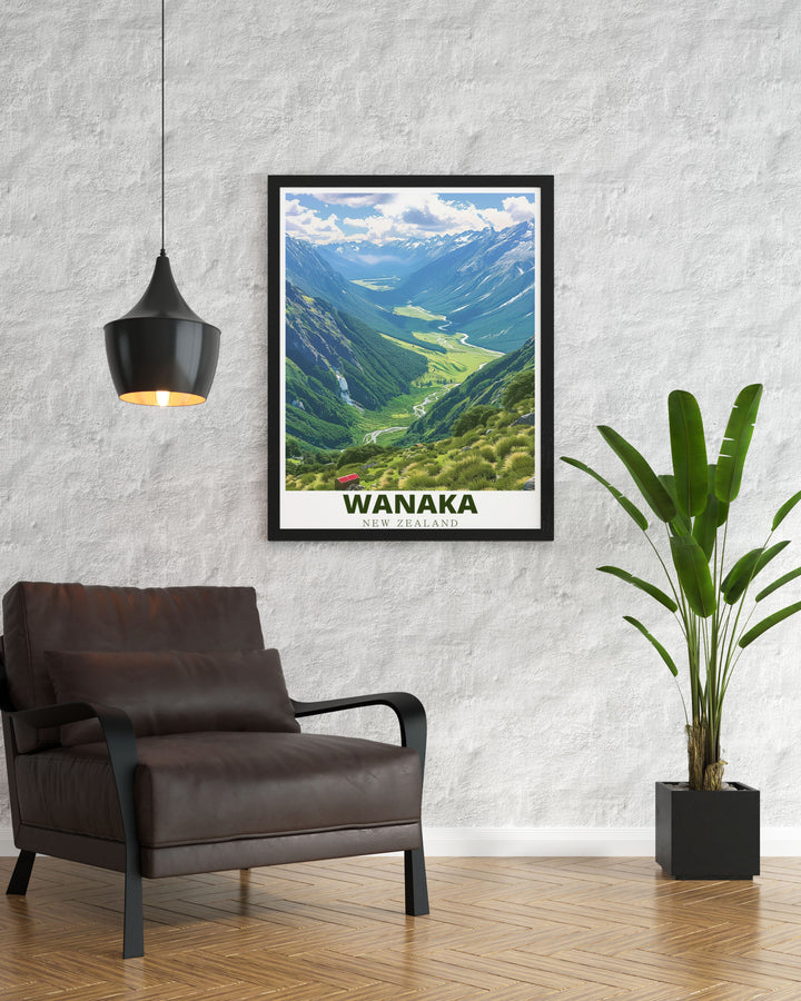 Add a touch of adventure to your home with this Matukituki Valley framed print showcasing the majestic scenery of Wanaka New Zealand The elegant art piece offers a sophisticated way to celebrate nature and makes an ideal gift for nature and travel lovers