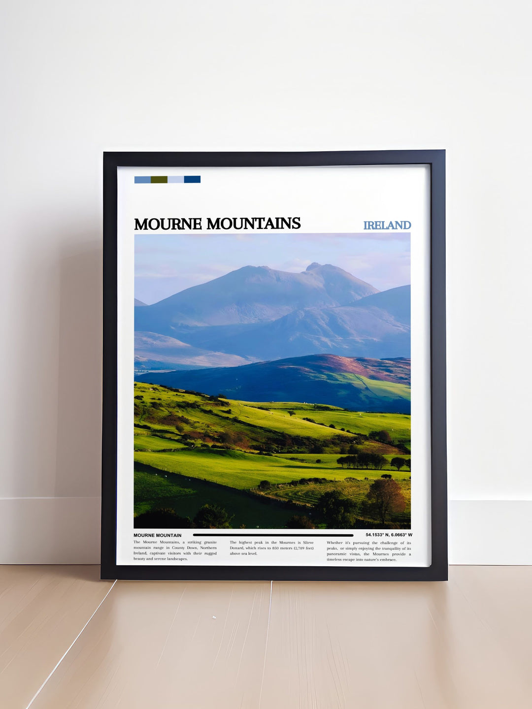 Decorate your space with this beautiful Mourne Mountains print featuring the stunning vistas of Northern Irelands National Park from the iconic Slieve Donard to the lush rolling hills ideal for adding a touch of nature to your decor.