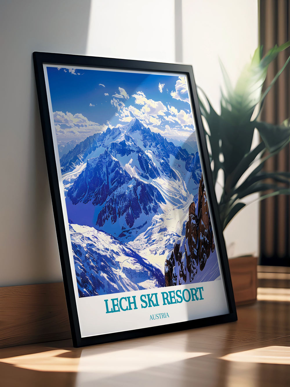 Elegant Valluga Mountain framed print showcasing the rugged beauty of the Alps. Ideal for adding a touch of vintage charm to your decor. This modern art print highlights the stunning scenery of Valluga Mountain, making it a perfect gift for skiing enthusiasts and a stylish addition to any home.