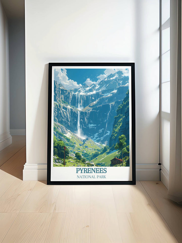 Cirque de Gavarnie in the Pyrenees Mountains depicted in a stunning National Park Print showcasing vintage travel aesthetics for elegant home decor.