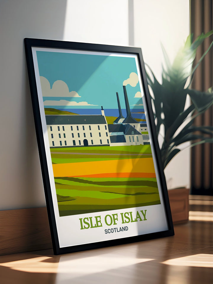 A vintage style travel print that brings the charm of the Isle of Islay into your home. Featuring Laphroaig Distillery, this artwork is ideal for those who appreciate Scottish history, culture, and the art of whisky making.