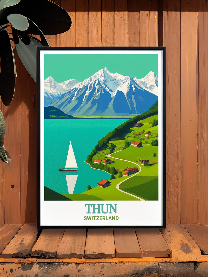 A stunning travel print of Thun, featuring the pristine Lake Thun and surrounding mountains. This Switzerland wall art brings the beauty of the Swiss Alps into your home, making it an ideal gift for any occasion.