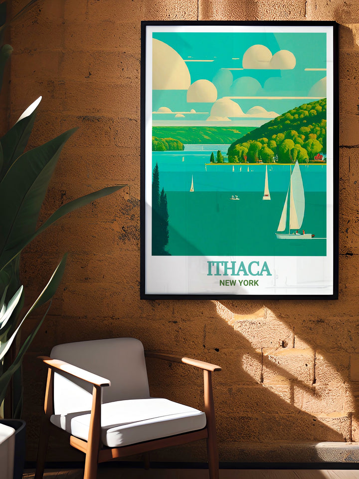 Fine art print of Ithacas Cayuga Lake, highlighting the stunning natural scenery and serene ambiance. This artwork brings the majestic views of one of New York States most picturesque locations into your home, adding a touch of natural elegance to your decor.