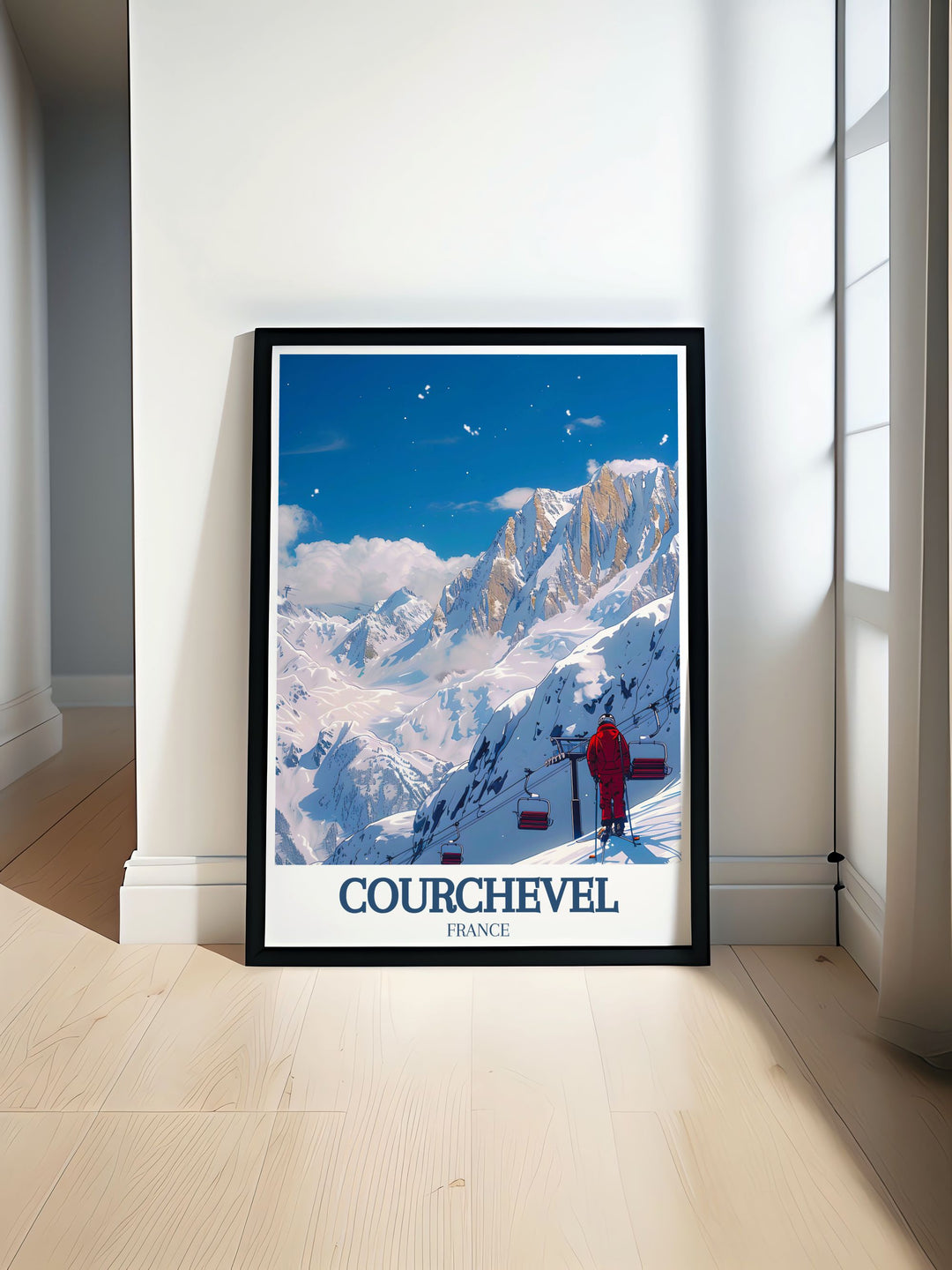 This Courchevel poster highlights the towering La Saulire peak and the surrounding French Alps. Whether for home décor or as a travel gift, this print captures the elegance and thrill of skiing in one of the worlds top resorts.