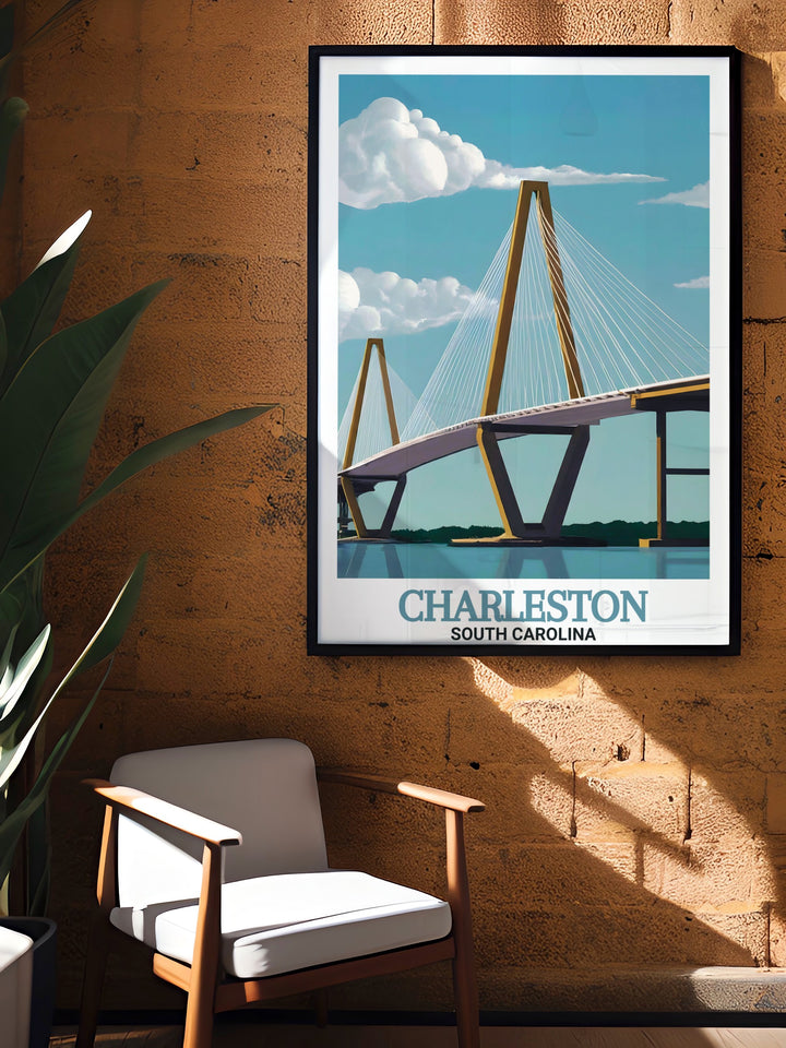 Stunning Arthur Ravenel Jr. Bridge artwork in a Charleston wall art print capturing the bridges dynamic atmosphere and rich heritage perfect for personalized gifts and travel enthusiasts