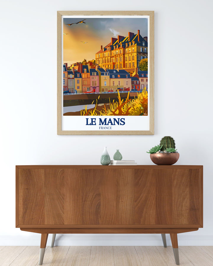 Cathédrale Saint Julien framed art, a detailed representation of the architectural splendor of Le Mans. This piece brings the grandeur of French Gothic and Romanesque styles into your home, making it a perfect gift for history buffs and art enthusiasts alike. A timeless addition to any collection.