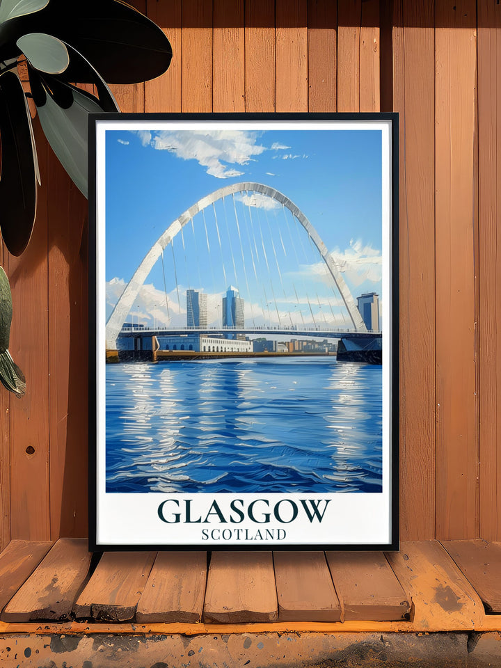 Modern The Clyde Arc print featuring the sleek lines and elegant curves of this architectural masterpiece. A perfect addition to your home decor that brings a piece of Glasgow Scotland into your space.